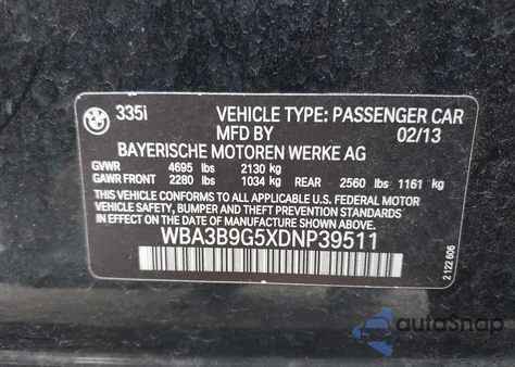 2013 BMW 335I xDrive from USA, damaged, VIN WBA3B9G5XDNP39511